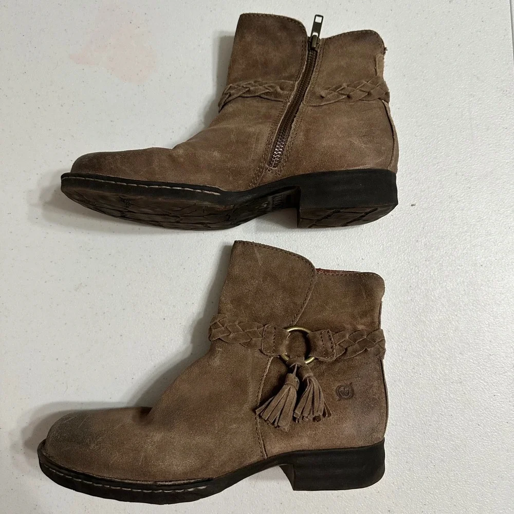 BORN Leather Suede Ankle Boots Brown Braided Tassel Buckle Side‎ Zip Women 7.5M